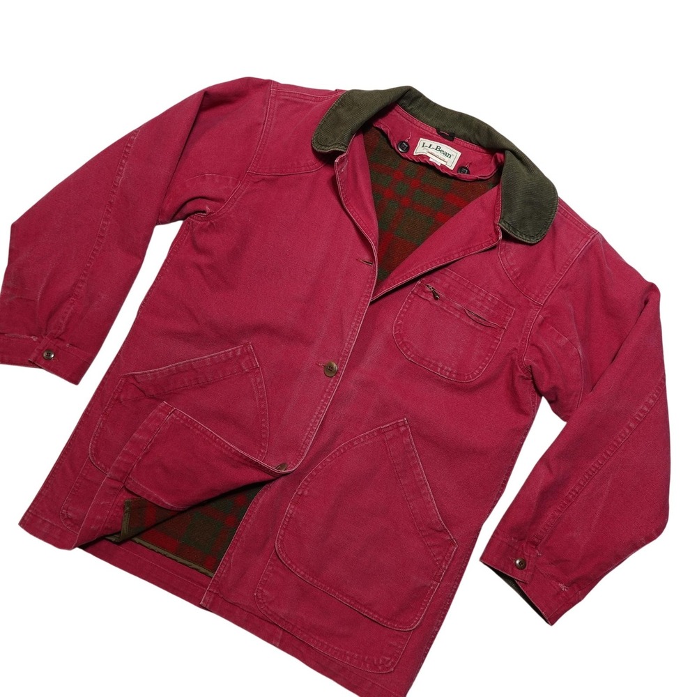 Vintage L.L.Bean Coat Womens Medium Red Canvas Plaid Lined Barn Chore USA 80s